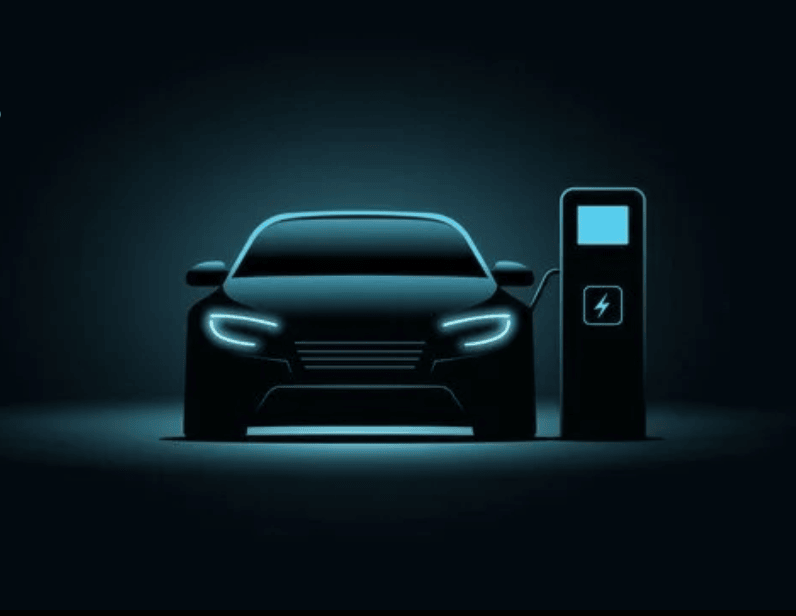 Electric vehicle parked next to a charging station, glowing in the dark